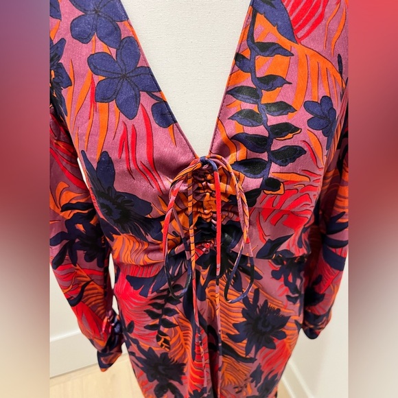 Zara Front Tie Ruched Sleeves Mini Floral Dress Red Purple satin effect Small - Picture 12 of 12